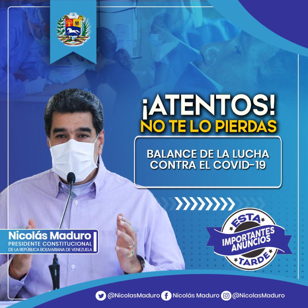 Esta tarde el Pdte. @NicolasMaduro presentará el balance de la Batalla Contra el #Covid_19 y dará importantes anuncios sobre las nuevas estrategias para esta semana, en el marco del Plan 7+7.

#MaduroNoSeVa #13Sep
#LasSancionesSonUnCrimen #FelizDomingo