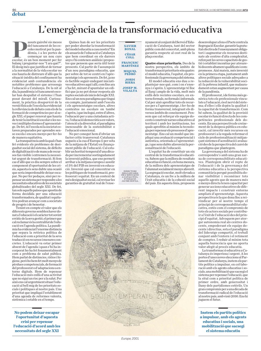 'L'emergència de la transformació educativa', l'hem escrit a 6 mans <a href="/diariARA/">diariARA</a> entre <a href="/xavierbonal/">Xavier Bonal</a> <a href="/cesarcolls/">César Coll</a> <a href="/FrancescPedroED/">F. Pedró UNESCO ED</a> <a href="/JordiRiera1/">Jordi Riera</a> Miquel Martínez i <a href="/JosepMVilalta/">Josep M. Pep Vilalta</a> just abans d'iniciar el curs, com a directors Anuaris educació <a href="/FundacioBofill/">Fundació Bofill</a> Fil