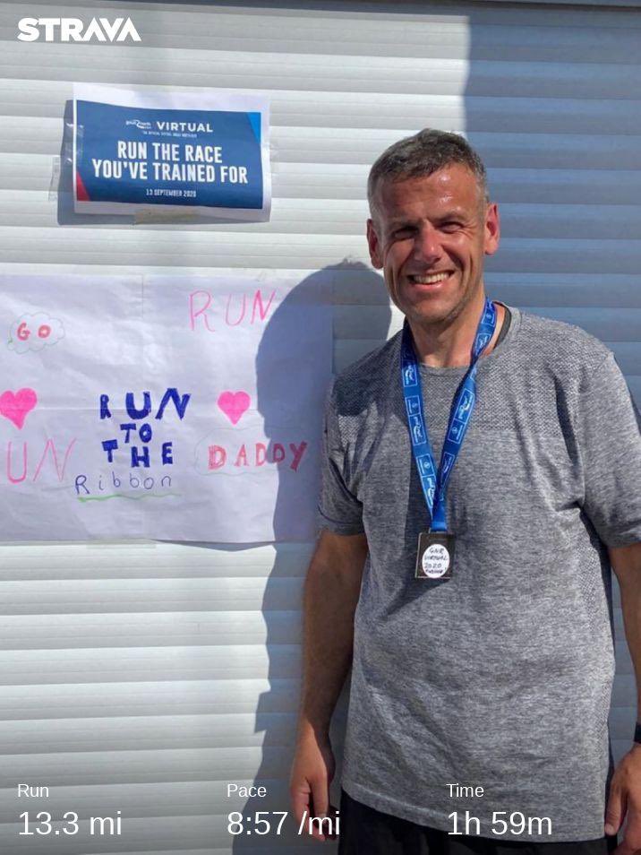 runningrence's tweet photo. #VirtualGNR Virtual Great North run done. Hot. App didnโt kick in for a bit so ended up doing a bit further. Great reception from my Family cheer squad when I got home too. #ukrunchat #runningdads #needapint https://t.co/hBztMYJgCF