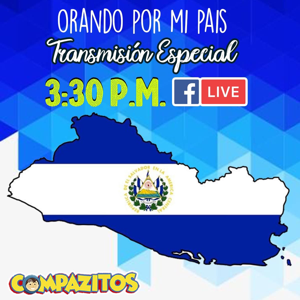 COMPAZITOSkids's tweet photo. Te esperamos hoy a las 3:30 pm desde Facebook de @iglesiacompaz a nuestra transmisión especial donde juntos vamos a orar por nuestro país El Salvador 🇸🇻💙🙏🏻🙌🏻 
#OrandoPorMiPaís
#CompazitosKids
@pastorvladimir.sv 
@pastoracompaz https://t.co/yKMqhYCnV8