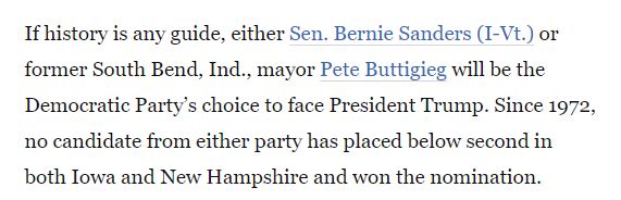 2\\It is VERY rare for a presidential candidate to finish outside of the top 2 in either Iowa or New Hampshire and go on to win his party's nomination.