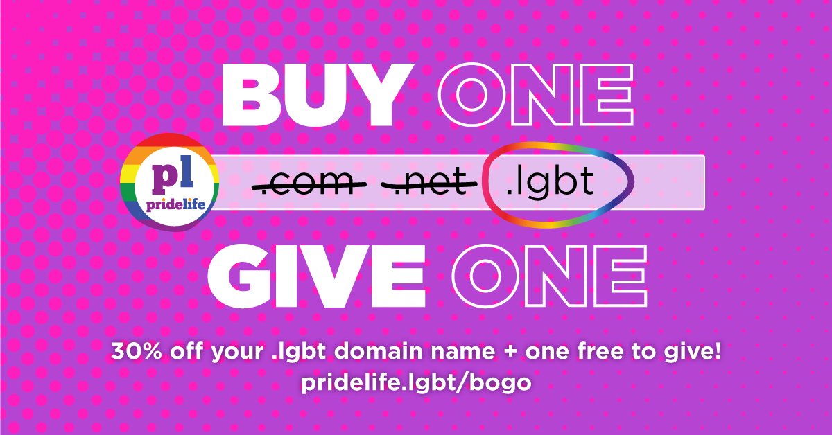 Give someone a free .LGBT domain name, and help support a young entrepreneur, LGBT organization, or even a community non-profit. Further details at pridelife.lgbt/bogo. Coupon code: CCGLARGIVE #dotLGBT #BOGO #domainswithdiversity