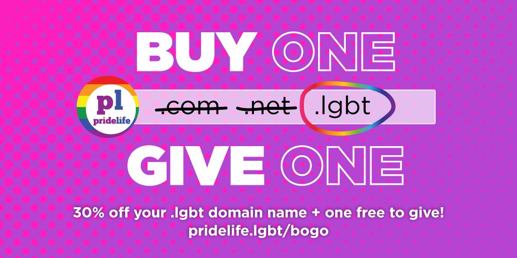 Dale a alguien un dominio .LGBT gratis y ayuda a apoyar algun/a joven emprendedor/a, u organizaciónes LGBT de la sociedad civil. Más detalles en pridelife.lgbt/bogo. Código de cupón: CCGLARGIVE #dotLGBT #BOGO #domainswithdiversity