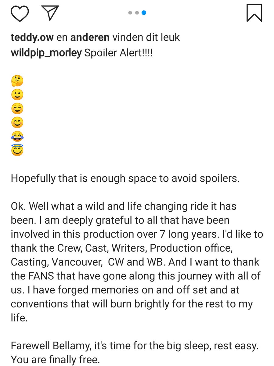 Bob tweeted "farewell Bellamy its time for the big sleep, rest easy. YOU ARE FINALLY FREE"This means free of the suffering they talked about, BUT this doesns say he wont be in the light! Or wont appear again!The pics on IG were only focused on Bells death scene not the show