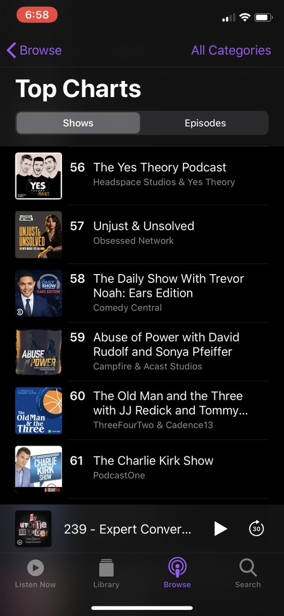 DavidSRudolf's tweet photo. Really happy we are getting a lot of positive feedback regarding @abuseofpowerpod - from listeners, and from Apple podcasts.  Nice to be listed on the top shows, #59, just behind @TheDailyShow @Trevornoah.  Will take that company any day. https://t.co/wm9XOYb93T