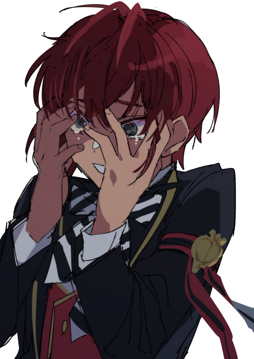 red hair male focus 1boy solo white background school uniform tears  illustration images