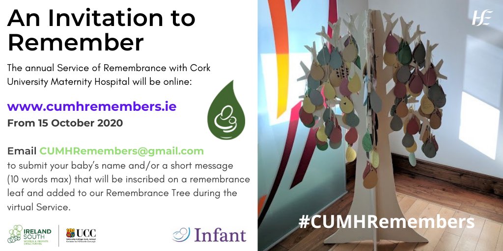 This year, the #CUMH annual service of remembrance for all who have experienced pregnancy or infant loss will be held online. 

Join us from 15 Oct 2020 on cumhremembers.ie and send a message to hang on our memorial tree during the virtual service #cumhremembers