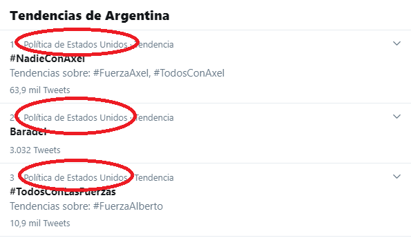 Por eso no es de extrañar que las diferentes campañas que difunden esta matriz de opinión que gira en torno a las fundaciones libertarias de Atlas Network y los cientos de miles de bots que suelen retuitear a Trump y blanquearlo en redes aparezcan etiquetadas como "Política EEUU"