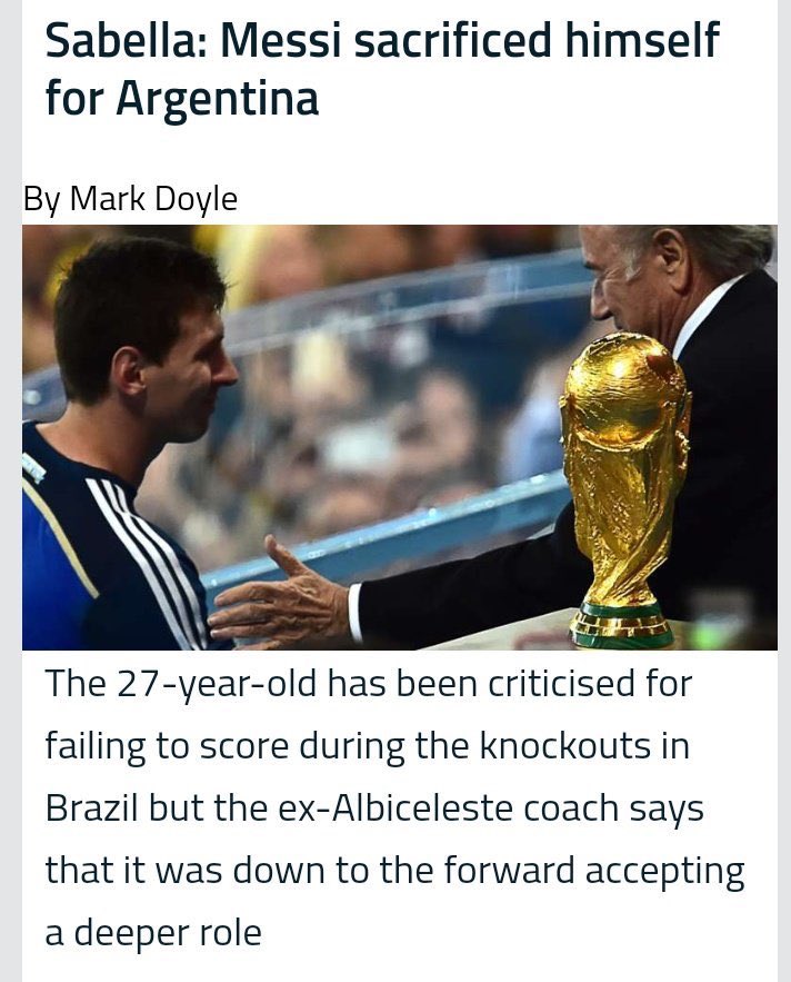 Note: Messi is the playmaker of that Argentina team. He takes the ball from deep, and has played behind 2-3 center forwards his entire career.As his coaches already said in the past, his job is not to score. He only does it (at incredible rate too) because he’s just too good.