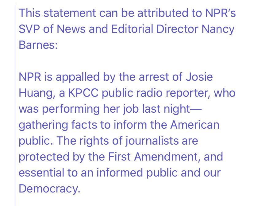 NPR’s news chief, SVP Nancy Barnes  @nancycbarnes, issuer statement against sheriff department’s arrest