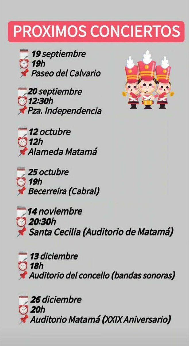🎼 Concierto Agrupación Musical Atlántida de Matamá
🗓 Sábado 26 de Diciembre
🕢 20:00
🎭 Ateneo Musical de Bembrive, Vigo (Pontevedra)
🎺 @banda_matama