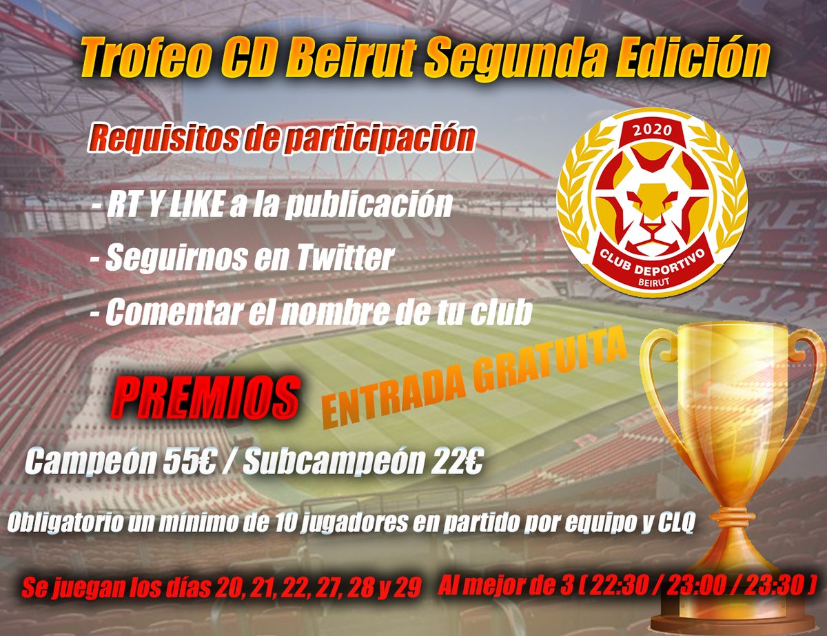 CDBeirut's tweet image. 🦁🔴⚪️ Anunciamos que el club cumple 1 año y por ello os traemos un torneazo con premios y más sorpresas.

Os presentamos la Segunda Edición del Torneo CD Beirut (Clubes Pro). 🎮🏆

Para  participar:

- RT y FAV.
- Seguirnos en Twitter.
- Comentar el nombre de tu club.

1/3