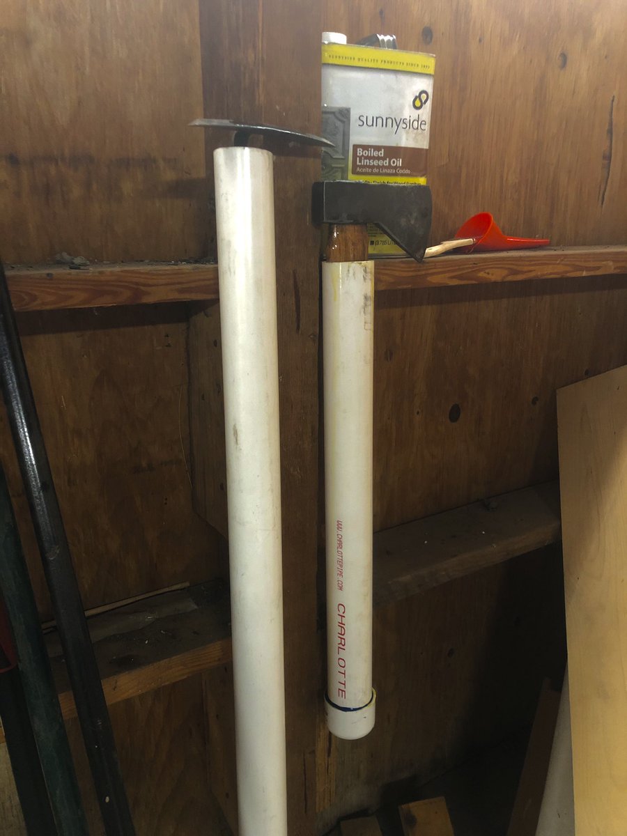 It’s time to maintenance my wooden handled tools. I learned this trick from my friend Dick Brown. Instead of applying boiled linseed oil with a brush, I take a piece of 2 inch PVC pipe and cap one end.  Then drop the wooden handle in and fill with the pipe with linseed oil.