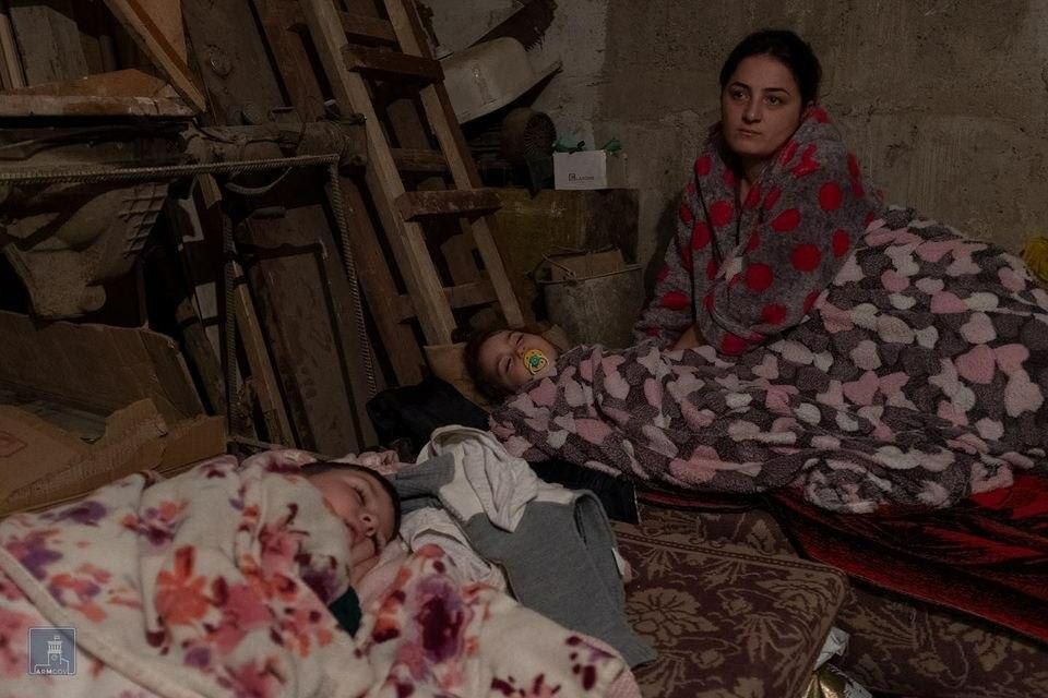 Stepanakert, Republic of Artsakh: civilians hiding in a bomb shelter as the conflict between Armenia and Azerbaijan continues to escalate. Areg Balayan and Karapet Sahakyan