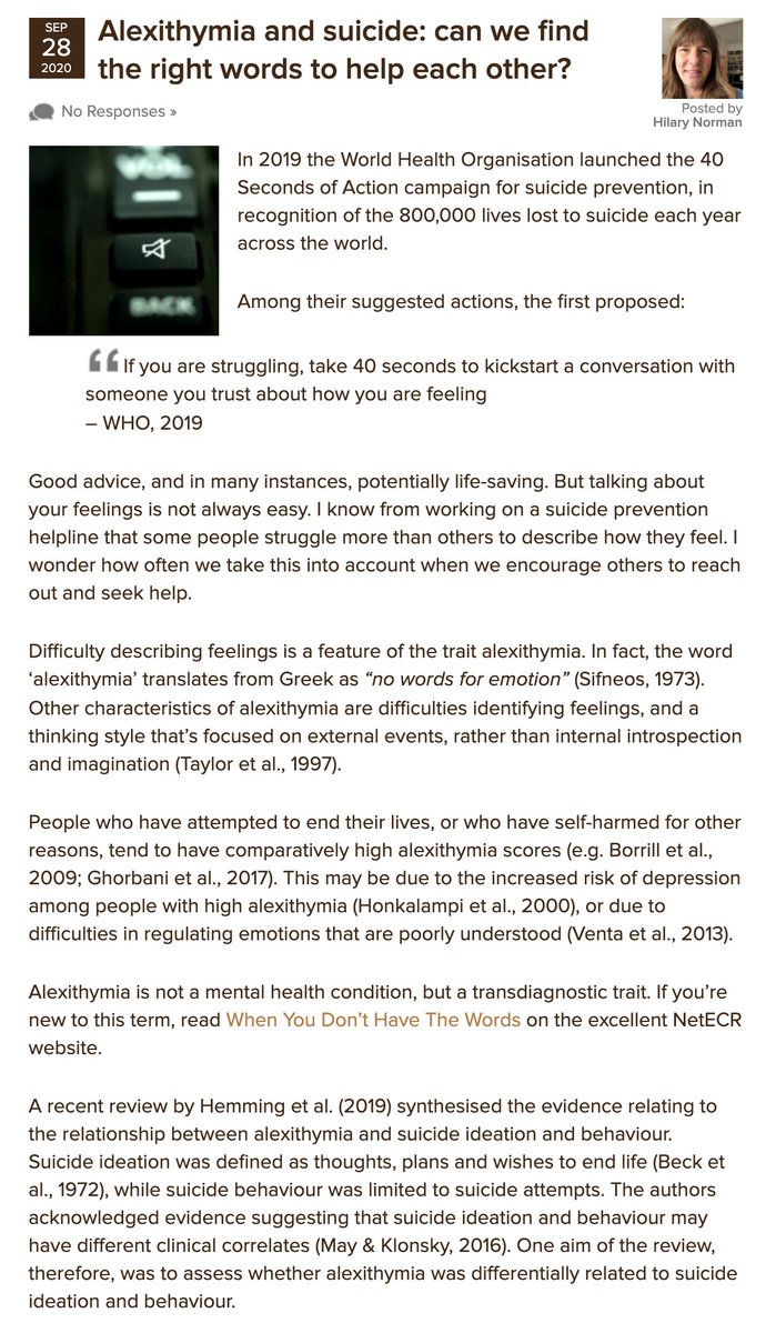 The Mental Elf (@mental_elf) on Twitter photo Today <a href="/hilary_norman/">Hilary Norman</a> summarises a novel systematic review by <a href="/LHemming123/">Dr Laura Hemming</a> et al, which explores the relationship between #alexithymia and #suicide ideation and behaviour.
elfi.sh/3kL5cFO Today <a href="/hilary_norman/">Hilary Norman</a> summarises a novel systematic review by <a href="/LHemming123/">Dr Laura Hemming</a> et al, which explores the relationship between #alexithymia and #suicide ideation and behaviour.
elfi.sh/3kL5cFO