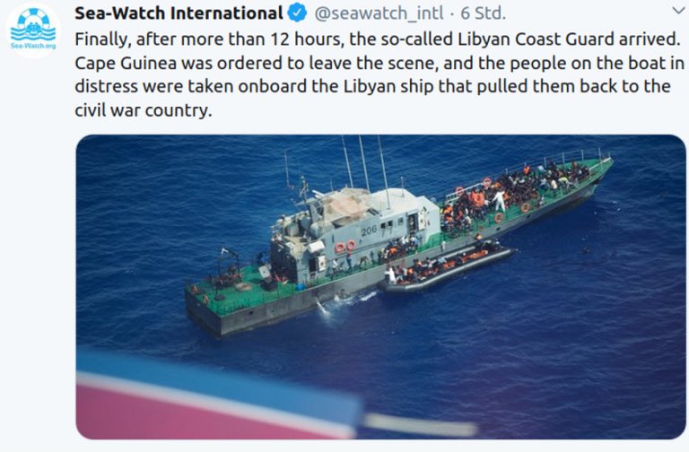 Another shipwreck in the making: 15 people drowned off Al Khoms.~115 people in distress called  #AlarmPhone on 24/09. Vessel Cape Guinea sheltered them for ~12h but didn't rescue.  #Seabird monitored its interception by the so-called Libyan Coastguard but 15 people had drowned.