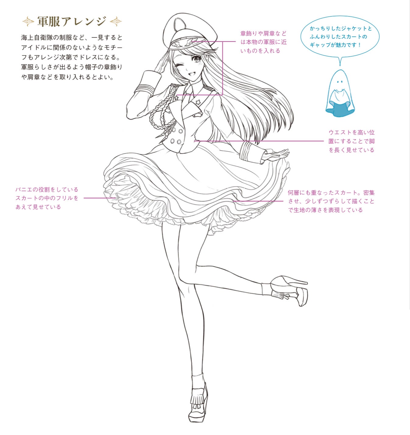 Twitter 上的 玄光社 超描けるシリーズ 超描ネタ帳 軍服風のアレンジを加えたアイドルのドレス姿 かっちりとしたジャケットとふんわりとした スカートのギャップがかわいいですね ふんわり感を出すために何枚にも重ねたスカートにも注目 ドレスの描き方 より