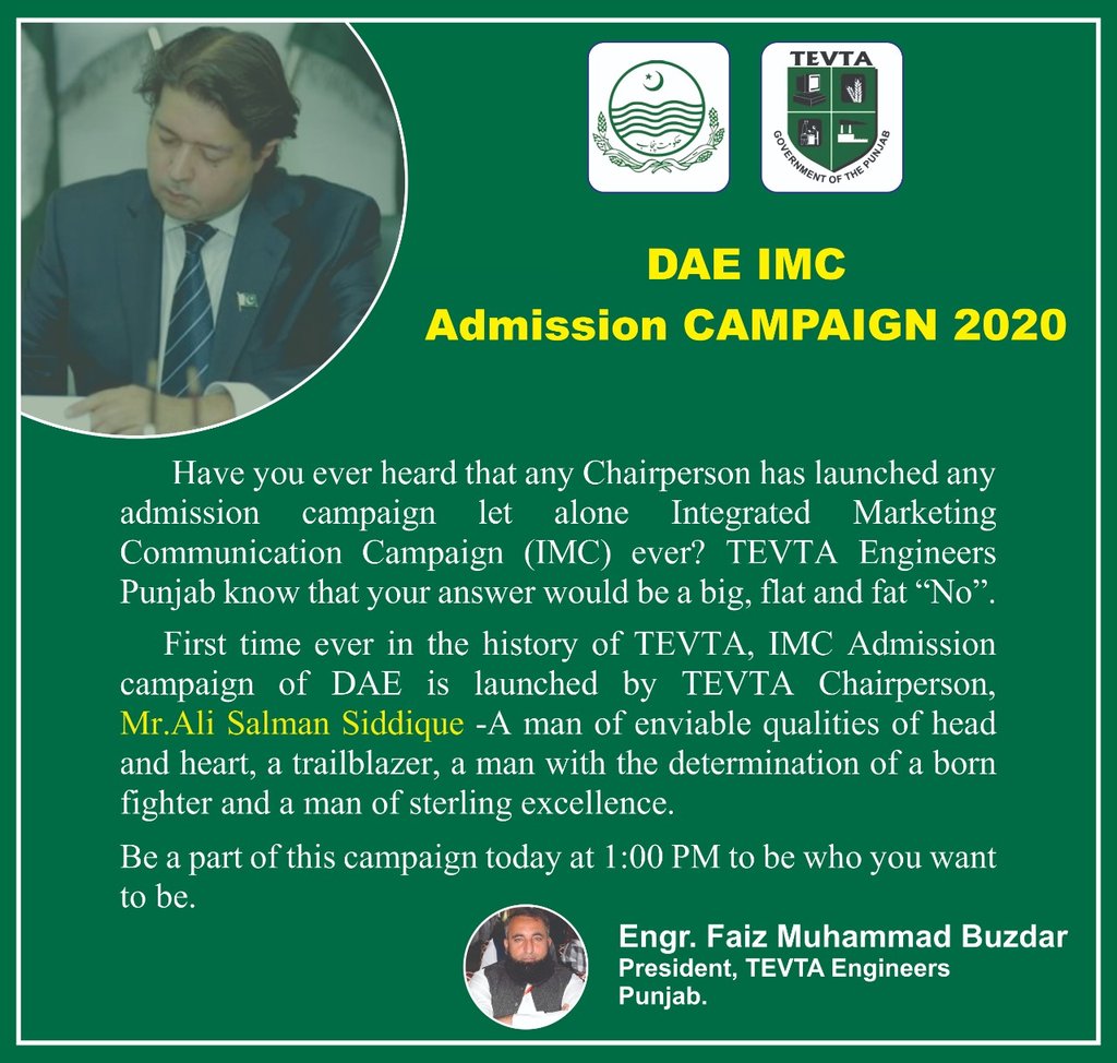 Message from TEP President Engr. Faiz Muhammad Buzdar on launching of DAE Admissions in Tevta Punjab institutes!!!
@AliSalmanPTI @punjab_tevta @MMAslamIqbal @GOPunjabPK 
#ChairpersonTEVTA
#DAEAdmissionCompaign
#TEP #TEVTAEngineers
#TEVTAPUNJAB