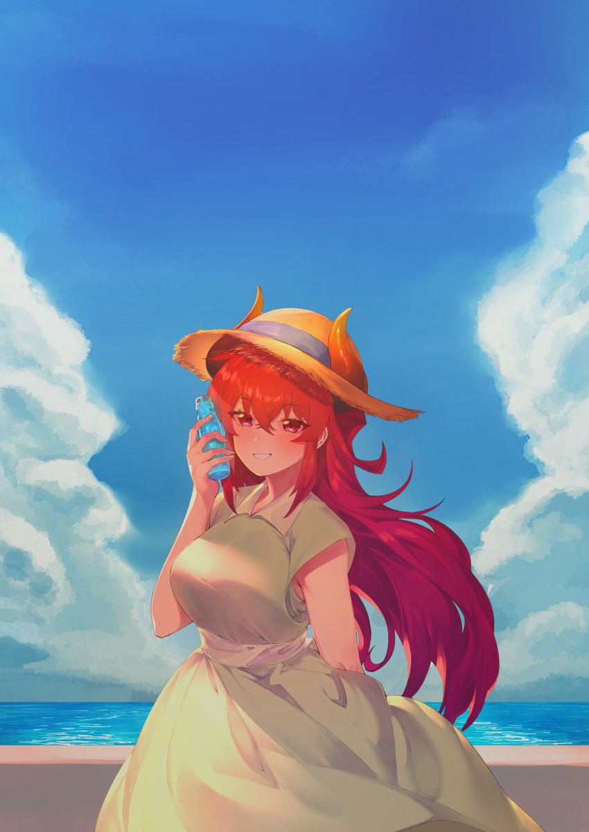 1girl solo hat red hair dress long hair sky  illustration images