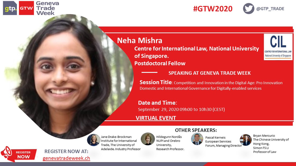 CIL_investment's tweet photo. Please join CIL postdoc  @neha_mishra_nm in #GTW2020, panel S9 #Competition and #innovation in the #digitalage with Jane Drake-Brockman @IITAdelaide,  Hildegunn Kyvik Nordås, @mercuriobryan &amp; Pascal Kerneis @EUServicesForum on 29 Sep at 9 am CEST. Register https://t.co/V0oKO7PPo9 https://t.co/ZZssl1p04v