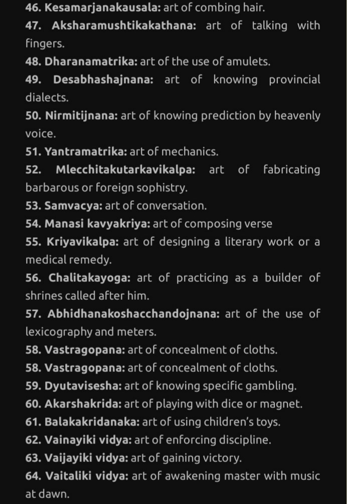 Within a span of 64 days, Krishna learnt fourteen types of sciences (vidyas) and sixty­four arts (kalas), each of which would take a normal person two to two and a half years to accomplish.Following are the 64 Kalas
