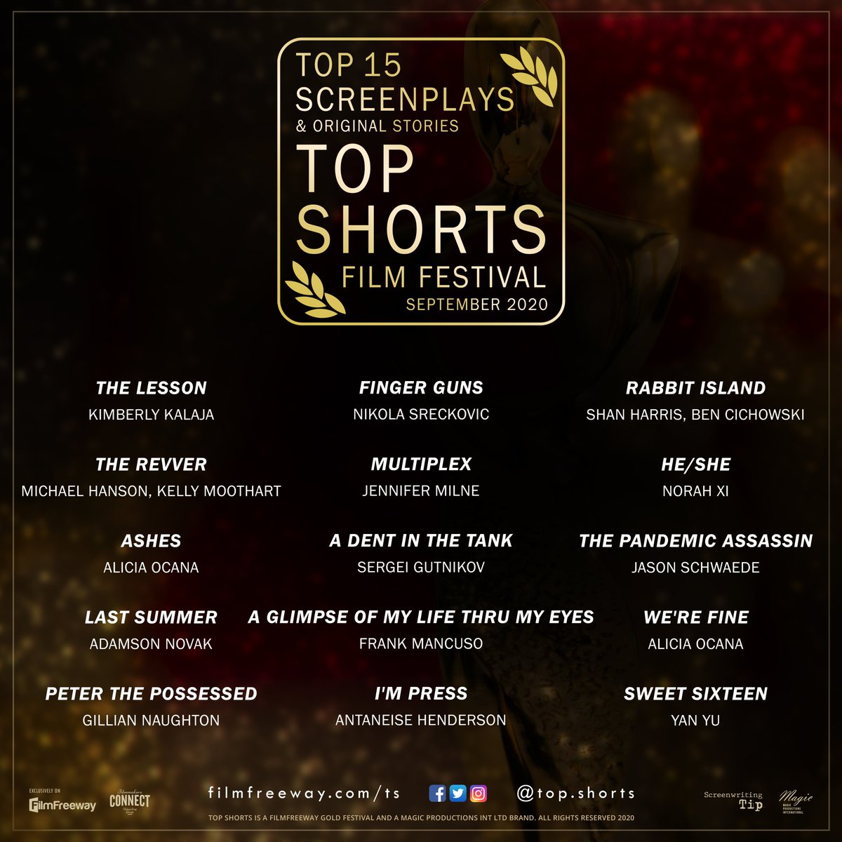 Top 15 screenplays & original stories - Congratulations to the finalists! filmfreeway.com/ts #topshorts #topshortsfilmfestival #filmfestival #filmfreeway #imdb #magicint #filmcon #filmmakersconnect #screenplay #originalstory