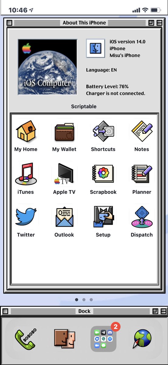 MisutaaAsriel's tweet photo. I give you: iOS System 14. A Classic Mac-inspired custom homescreen for iOS14.
• Widget powered by Scriptable
• HD icons based or inspired by macOS 8
• Optimized wallpaper with "hidden" dock
Bon "Apple-tit" ~ https://t.co/MSXt9mQ00j