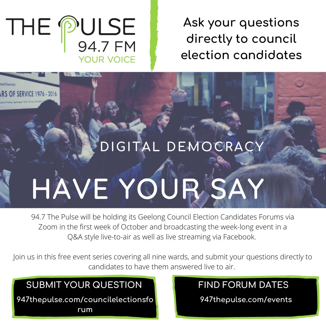 Only one week left until our Geelong Council Election Candidates Forums!! Don't miss the chance to put your hard questions to the candidates running for your ward! #digitaldemocracy #geelong #geelongcouncilelection2020 947thepulse.com/councilelectio…