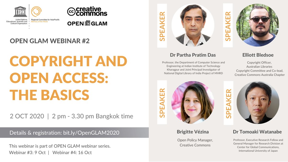 unescobangkok's tweet image. 🖼️ Are you working for galleries, libraries, archives &amp;amp; museums?
📜 Do you want to learn more about copyright &amp;amp; open access?

💻Join our Webinar#2 on 2 Oct!
ℹ️ Details &amp;amp; registration: bit.ly/OpenGLAM2020

@creativecommons @IITKgp @Brigitte_Vezina @tomo_wt @IUJ_en @OpenGLAM
