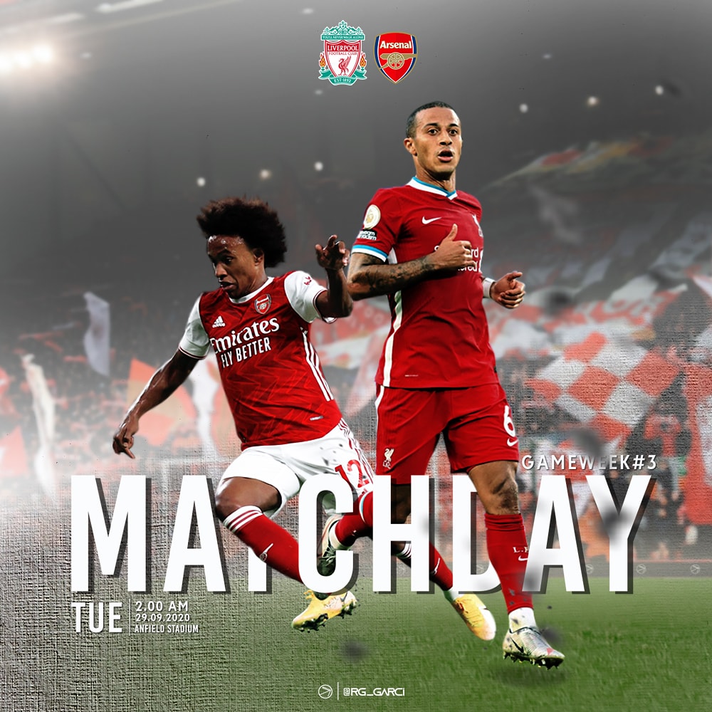 rg_garci's tweet photo. It's Matchday!!
.
.
๐ @premierleague GM #3
โฝ @LFC vs @arsenal
๐
Tuesday, Sept 29th
โฐ 2 AM
โค @thiago6
.
.
.
#Matchday #GM3 #Liverpool #TheReds #LIVARS #lfcmatchdayimage #lfcmatchdaysposter #mymatchdayimage #matchdayprogrammes #ynwa https://t.co/Y6oKtn2qWu