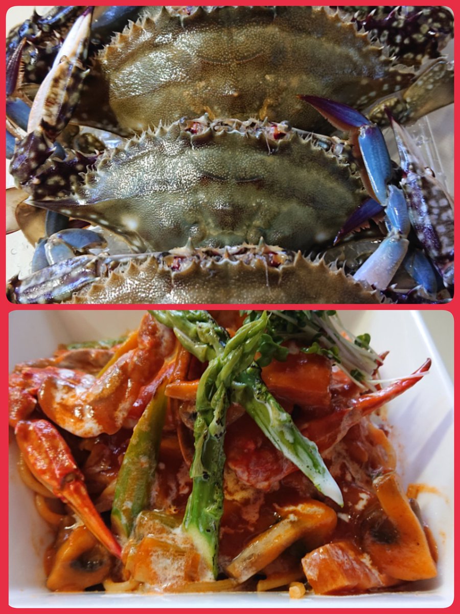 お母さん ワタリガニ4匹480円安っ 半分はあたしのお昼のトマトクリームパスタ 残りは夜の味噌汁 ワタリガニ 蟹すき