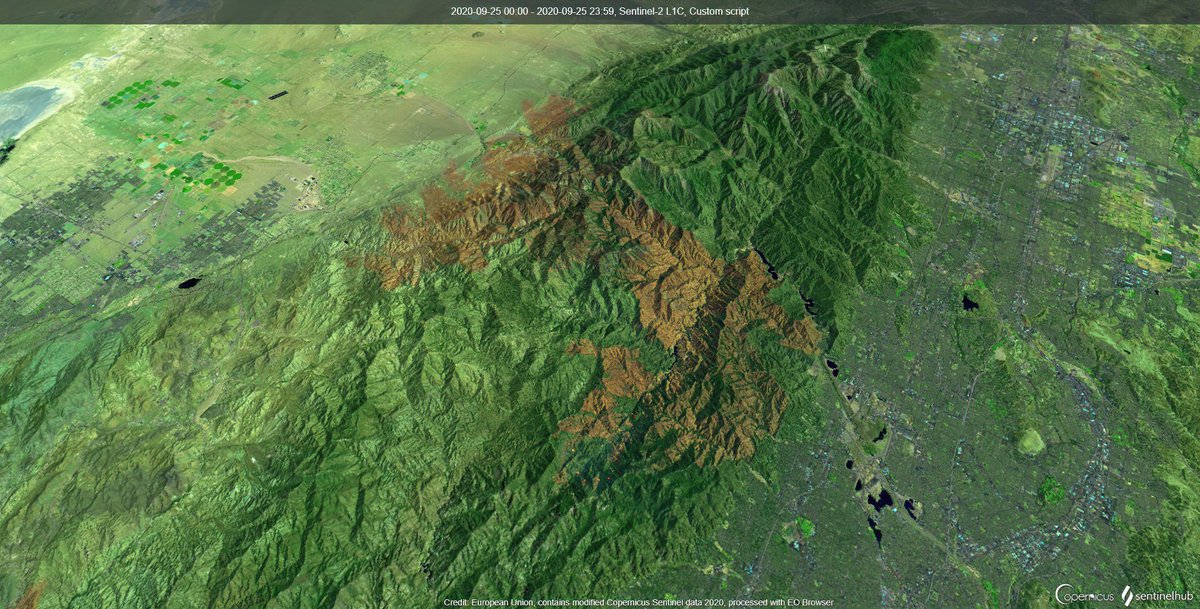 Cicatriz na Califórnia!!! A .arca do incêndio BobcatFire que queimou 462 quilômetros quadrados, em imagem feita pelo satélite Sentinel-2 processada usando uma nova função 3D.