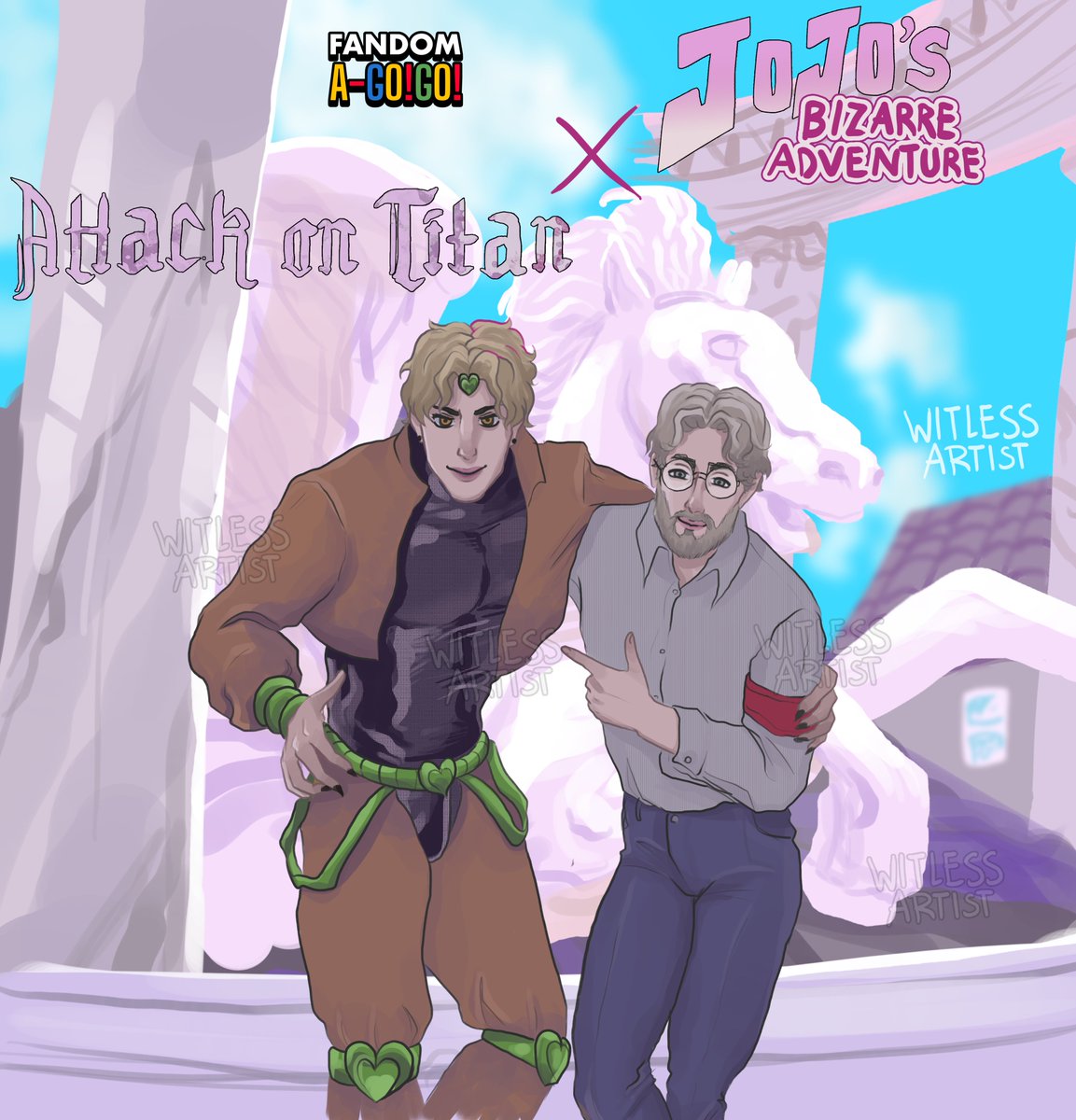 Witless_Artist's tweet photo. Jojo's Bizarre Adventure x Shingeki no Kyojin
Zeke and Dio hanging out at Marley idk (?)They both share the same Voice Actor so they gonna get along.
#FandomAGoGo https://t.co/Umc30Ummh5