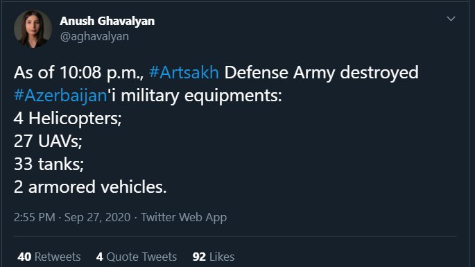 Nagorno-Karabakh officials claimed earlier today that their forces destroyed 33 Azerbaijani tanks, 4 helicopters, 27 UAVs, and 4 armored vehicles. I would take this with some skepticism. 202/