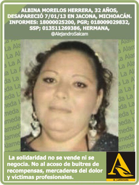 #Tebuscamos Albina Morelos Herrera, 32 años 7/1/13 #Morelia #Michoacán https://t.co/cWRLJApW5r
