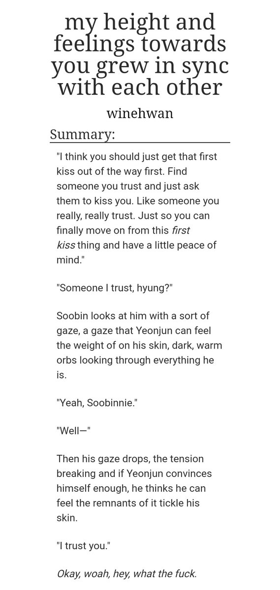 "My height and feelings towards you grew in sync with each other"11/10 would recommendYeonbin first kiss auFluff and soft  https://archiveofourown.org/works/21605875 