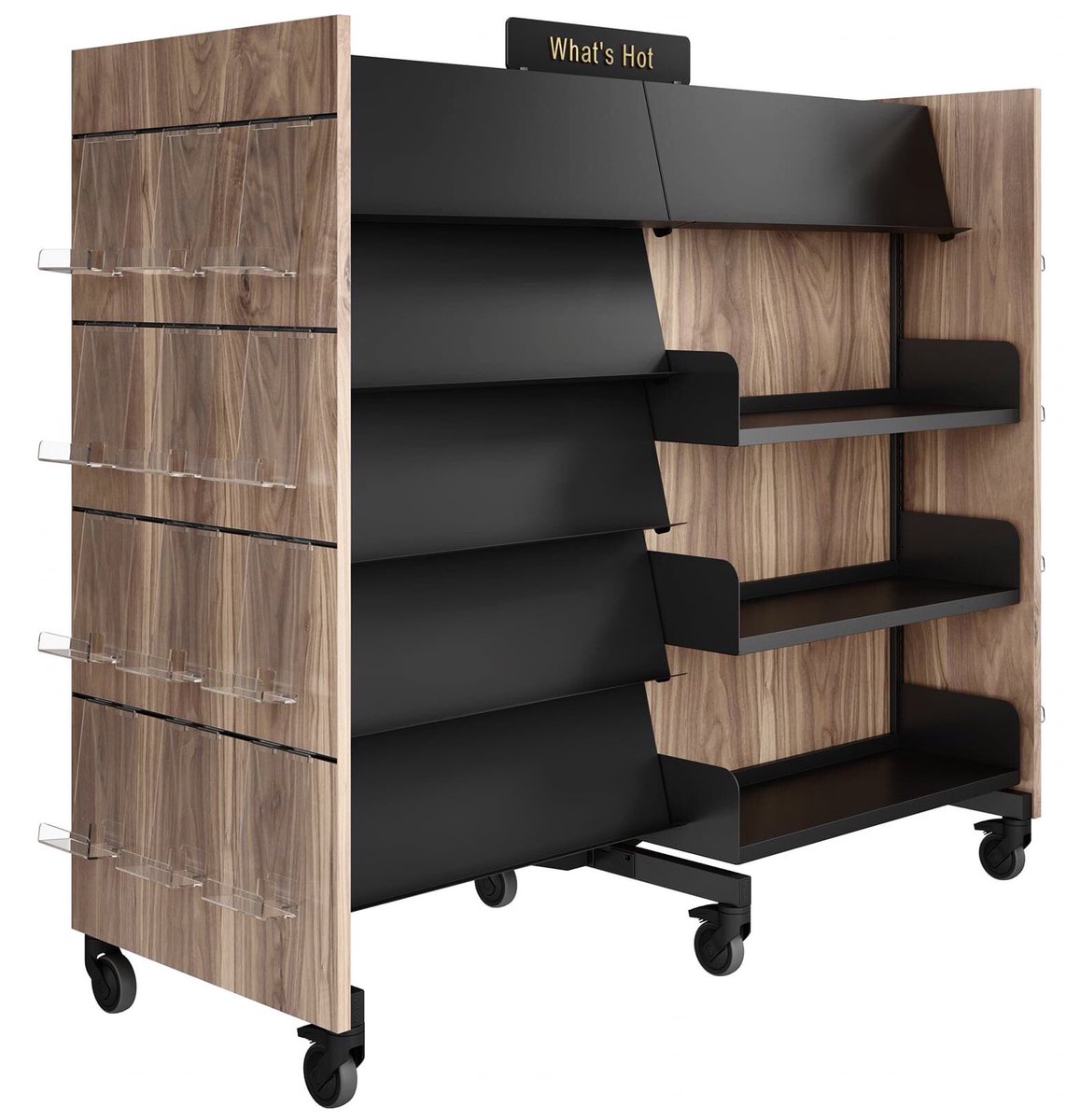 Kevin_Hennah's tweet image. My fifth and final new shelving design: Just like hot chocolate, ‘Cacao’ is rich and warm. Featuring Aged Walnut Slatwall bay end panels with black powder coated extrusion that anchor 24 book display acrylics. Plus 3D antique gold lettering to magnetic signage: