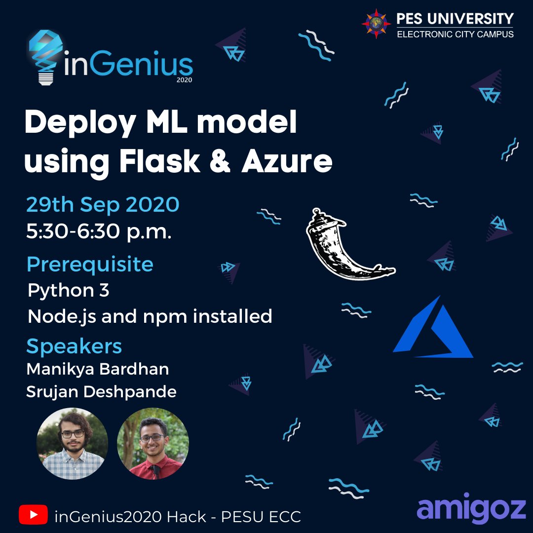 ingeniushack's tweet image. Hey guys! last webinar in our #getsetprep series is here - Deployment. After creating an amazing application one&apos;s got to show it to the world. 

Learn how to deploy a basic python server, link it to an ML model and much more!

Catch us live on YouTube: 
youtube.com/watch?v=5zWftQ…