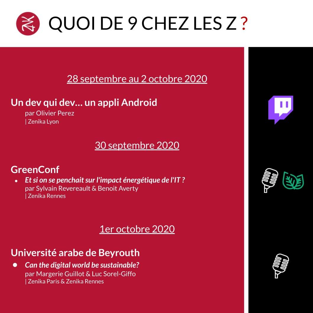[#QuoiDe9]
- Un dev qui... dev une appli Android avec <a href="/OlivierPerez/">Olivier PEREZ</a> 👉 buff.ly/3j2HjJp
- GreenConf avec <a href="/srevereault/">Sylvain Révéreault</a> et <a href="/Kaidjin/">Kaidjin</a>  👉 buff.ly/2FZmd0b
- Conf à l'Université arabe de Beyrouth "Can the digital world be sustainable?" avec Margerie Guillot et @lucsorel