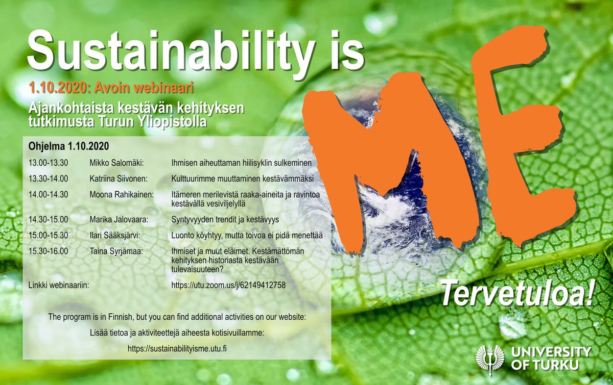 Kestävä kehitys on jokaisen asia! Tule kuulemaan ajankohtaisesta tutkimuksesta liittyen kestävään kehitykseen 1.10.2020 klo 13-16. Webinaari on kaikille avoin. Linkki tilaisuuteen: utu.zoom.us/j/62149412758
<a href="/UniTurku/">Turun yliopisto - University of Turku</a> #kestäväkehitys #tutkimus