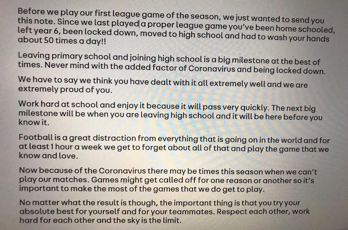 JfdcMyerscough's tweet photo. ⚽️ It's More Than a Game

As the season starts for our U12 Blacks, the managers handed out new kits and the letter below to all the lads. A lovely message by 3 very caring and dedicated coaches who really know just how much football means in these difficult time. ❤️🖤 @JnrLancs https://t.co/00MlmkErb3