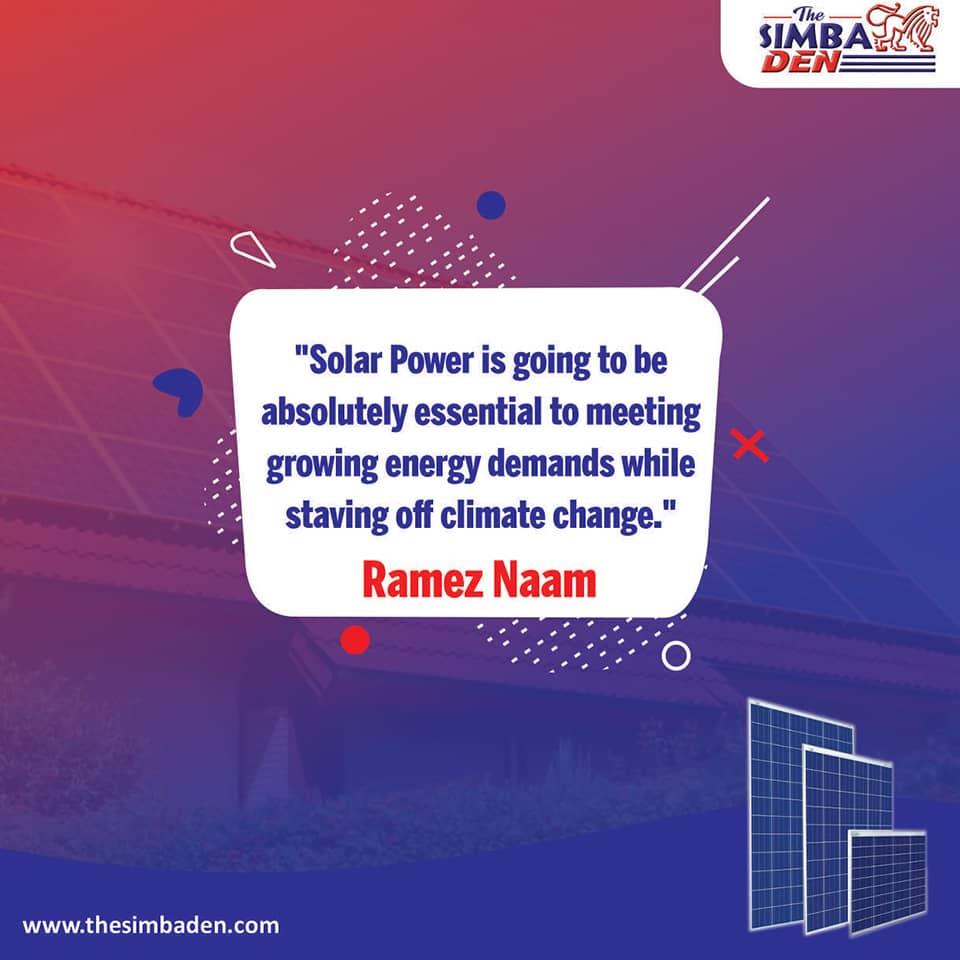 'Solar power is going to be absolutely essential to meeting growing energy demands while staving off climate change.' Ramez Naam (Technologist and science fiction writer)

#thesimbaden #invertersinlagos #invertersinnigeria #solarinnigeria #EricaToTheWorld snapchat #iCONsForever