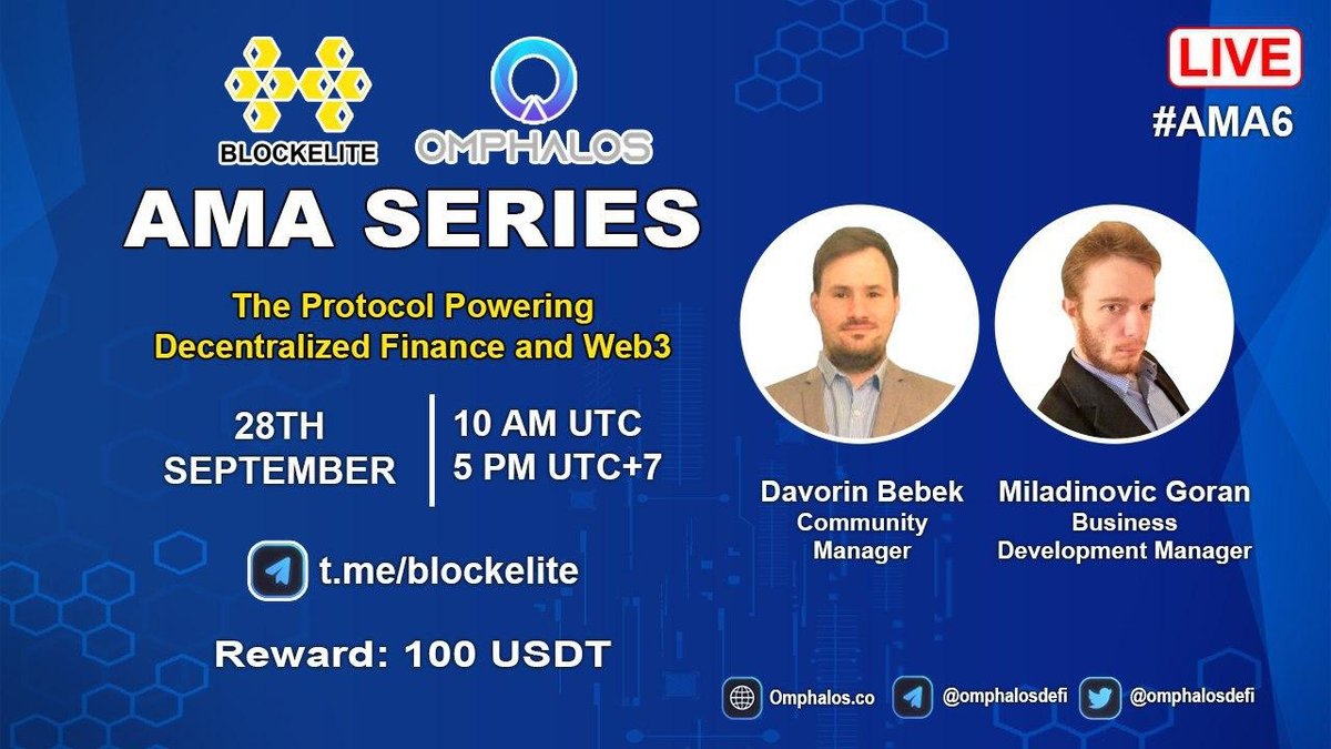 OmphalosDefi's tweet photo. Our next #AMA with @Blockelite will be held on 28th Sep at 10 AM UTC I 5 PM UTC+7

We prepare $100 #Airdrop for your engagement!

1.Follow, Like, Retweet &amp; Comment your Question below this post, and we will choose the 5 best ones 
2.We will select another 5 questions in live AMA https://t.co/MwZSRFOVFE