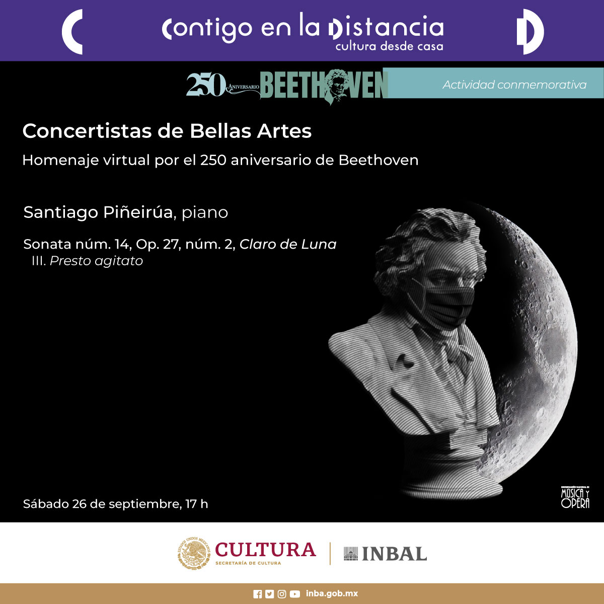En el marco del 250 aniversario del natalicio de Ludwig van Beethoven, acompaña a Santiago Piñeirúa, concertista de Bellas Artes, quien interpreta el tercer movimiento de la Sonata “Claro de Luna”, obra llamativa y virtuosa.

🎶 👉 bit.ly/36bV5po 

#ContigoEnLaDistancia