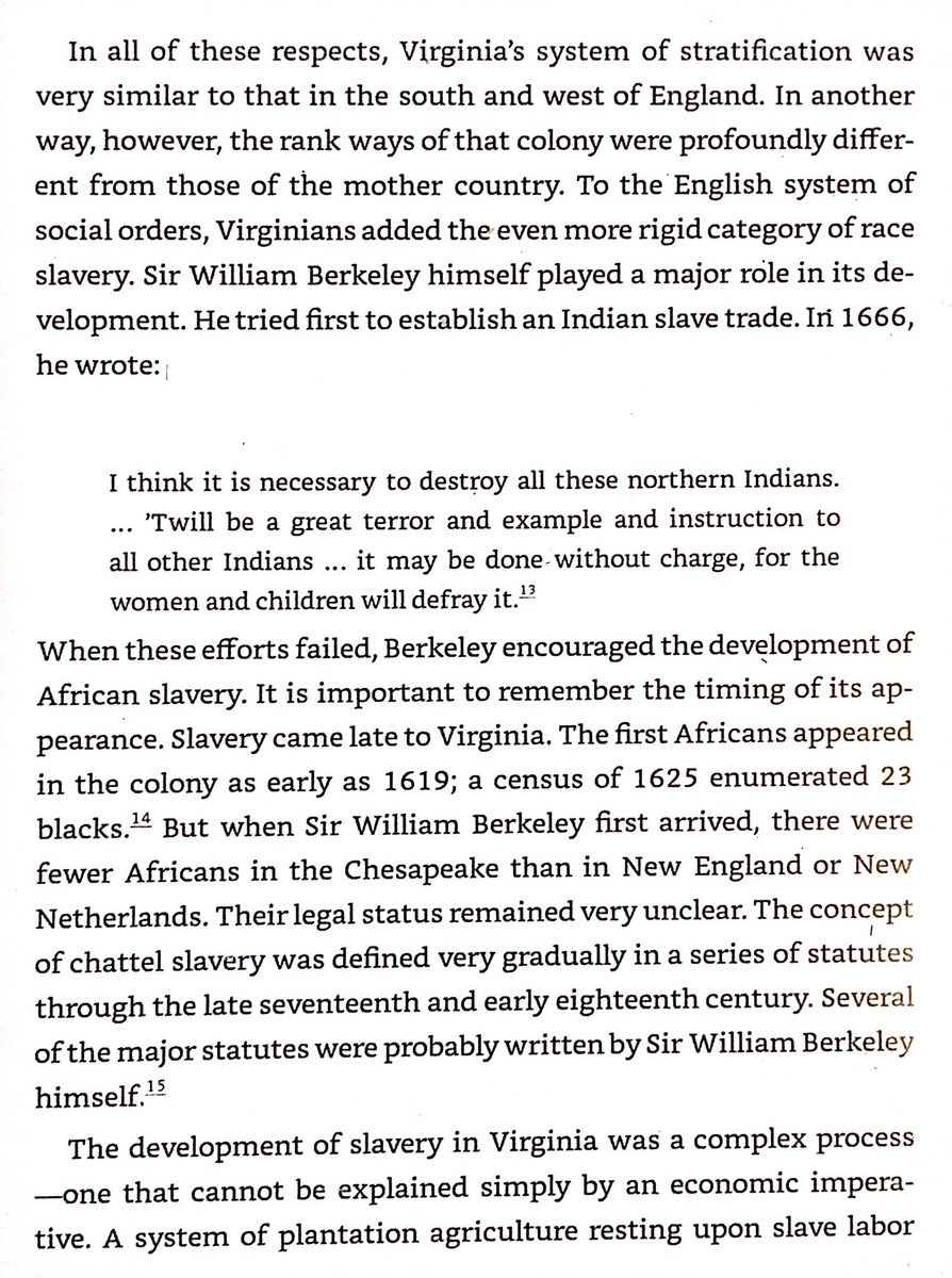 Author argues that introduction of slavery to Virginia was result of her leaders wanting to emulate their rich cousins in rural England with their masses of low class workers. As early as 1736 they realized this made their society worse.