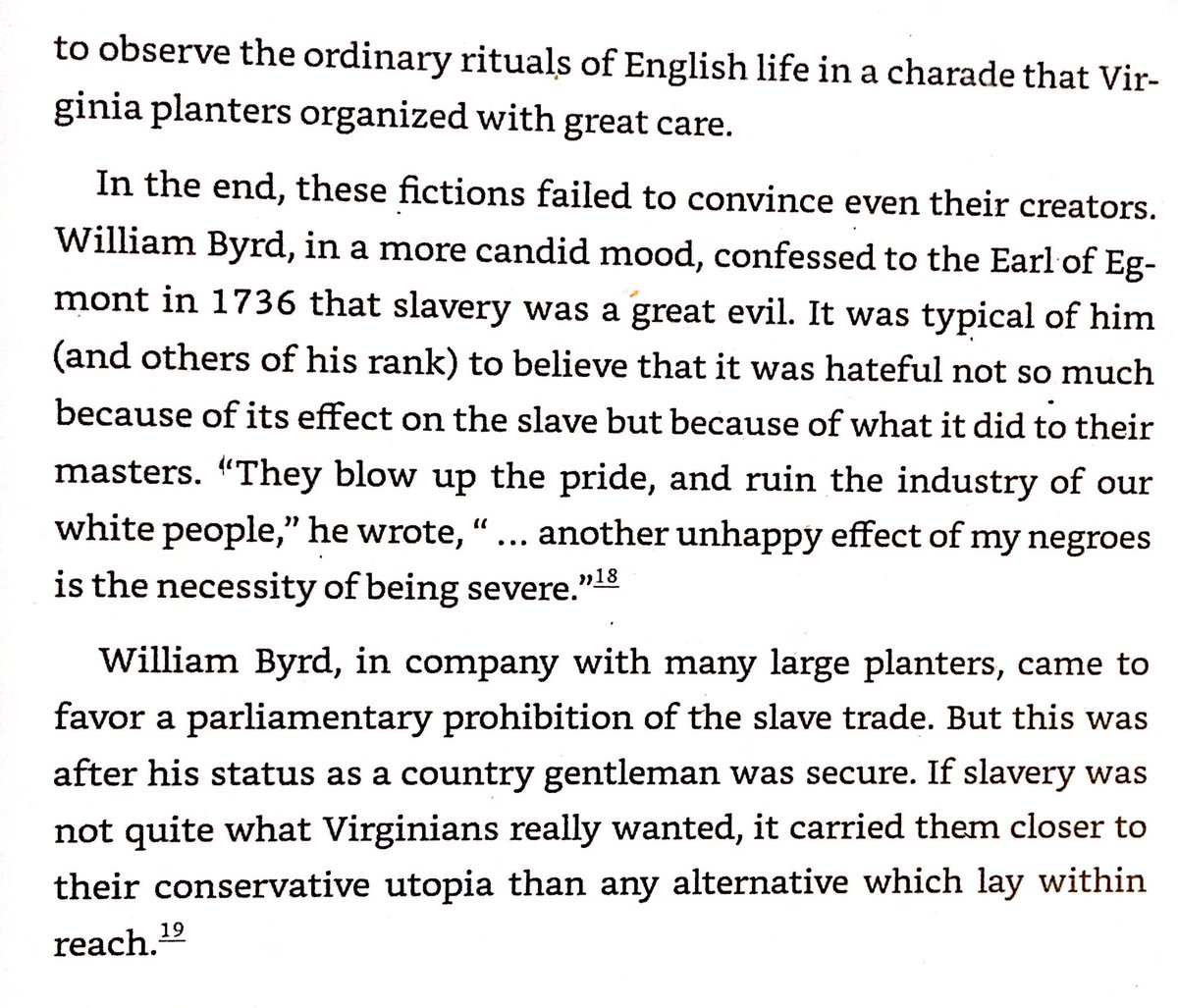 Author argues that introduction of slavery to Virginia was result of her leaders wanting to emulate their rich cousins in rural England with their masses of low class workers. As early as 1736 they realized this made their society worse.