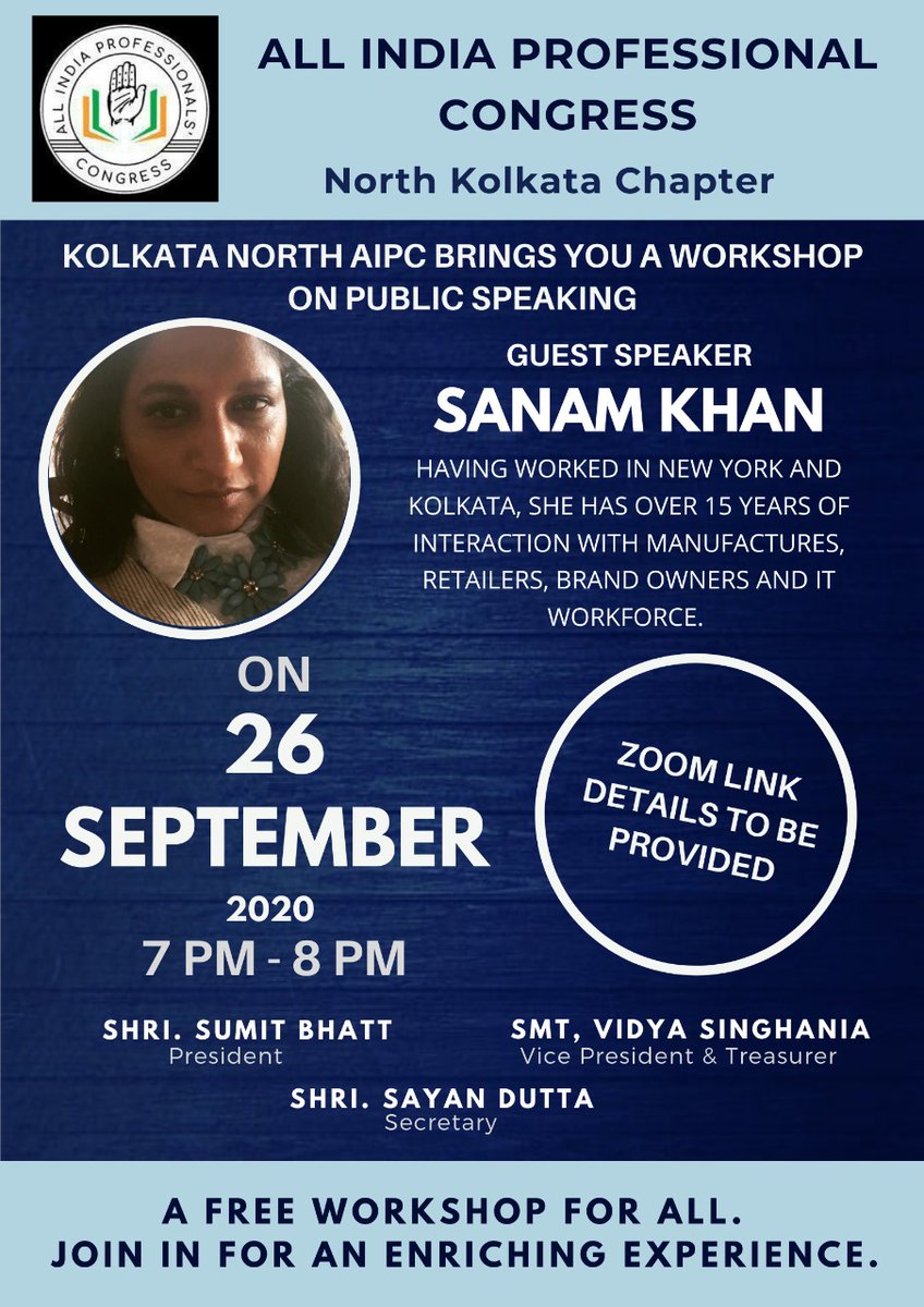 sumitbhatt11's tweet photo. Good opportunity to sharpen your #publicspeaking #skills @AIPCWestBengal with #Kolkatachapter brings a workshop for you. @ghoshc @AIPCWestBengal @ProfCong @ShashiTharoor @szarita https://t.co/EimXPiO77k