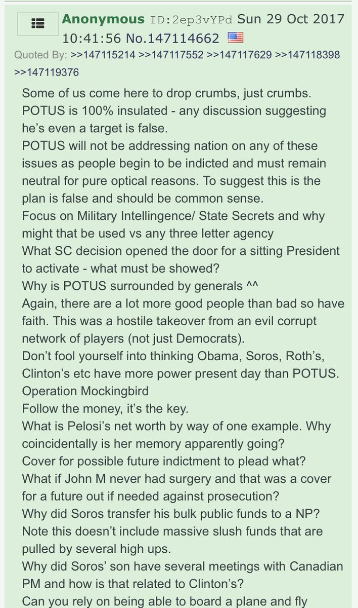 THE LOST DROPS: SIX Q DROPS (FIVE ALMOST-UNREPORTED, ONE ENTIRELY UNREPORTED) FROM 10/29/17We're pleased to report the discovery of five almost-unreported Q drops (and one entirely-unreported, though also more tentatively-identified, drop) from 10/29/17. The most interesting: