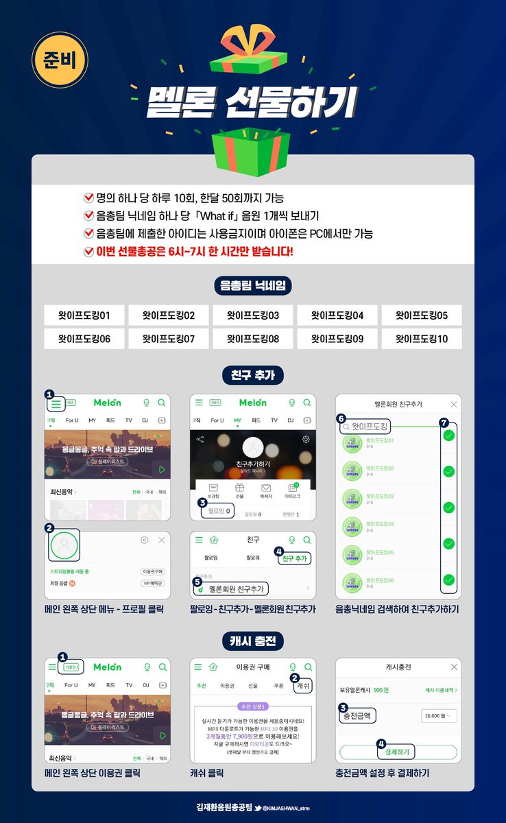 KIMJAEHWAN_strm's tweet photo. 🎁청춘기록 OST #what_if 선물 총공 공지🎁

✅ 9월 29일 오후 6-7시에 음총팀 멜론 계정으로 what if 음원을 선물해주세요!! (이후 보내주신 선물은 확인이 어렵습니다)

✅ 이전 친구 목록은 삭제 후 "왓이프도킹"으로 다시 검색해서 추가해주세요(사칭/유사계정 주의!).

#김재환 #KIMJAEHWAN https://t.co/dbCdGBmrmR