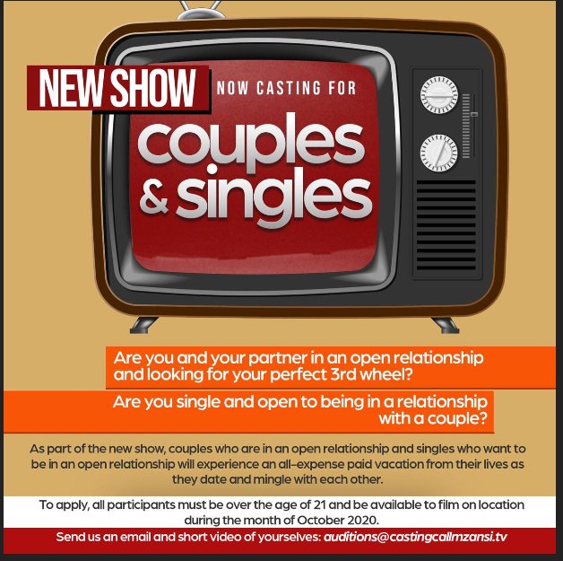 Alfonzowords2's tweet photo. 🆕🔥WIN an All-Expense PAID Trip🔥🆙
to a Holiday Resort 🏨
Now Casting for 💑#CouplesandSingles 🙋🙋‍♂‍
If you're a Couple looking for a 3rd Partner or a Single looking to join a Couple in their Relationship; 
🔘Audition via auditions@castingcallmzansi.tv
📅30/09/2020
#Holiday https://t.co/dPPIoXInWv